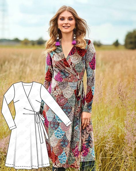 Pola Blus, Wrap Dress Sewing Patterns, Bohemian Luxe, Wrap Dress Pattern, Velvet Wrap Dress, Knit Wrap Dress, Patterns Sewing, Burda Style, Dress Sewing