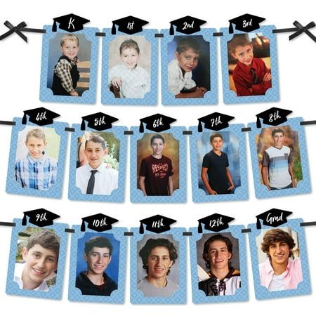 Complete your graduation party decor with a Light Blue Grad - Best is Yet to Come Photo Banner. This DIY Picture Banner is a fun and damage free way to show off a K-12 School Picture Display. Light Blue Grad - Best is Yet to Come Photo Banner includes 14 graduation-themed photo holders to insert your own 4x6 photos vertically. Light Blue Grad - Best is Yet to Come Graduation Photo Banner is professionally printed on sturdy cardstock paper and will require easy do-it-yourself assembly. Start by i Light Blue Graduation Party, Graduation Party Venues, Diy Graduation Party Decor, School Pictures Display, Blue Graduation Party, Graduation Photo Banner, K 12 School, Graduation Party Diy, Picture Banner