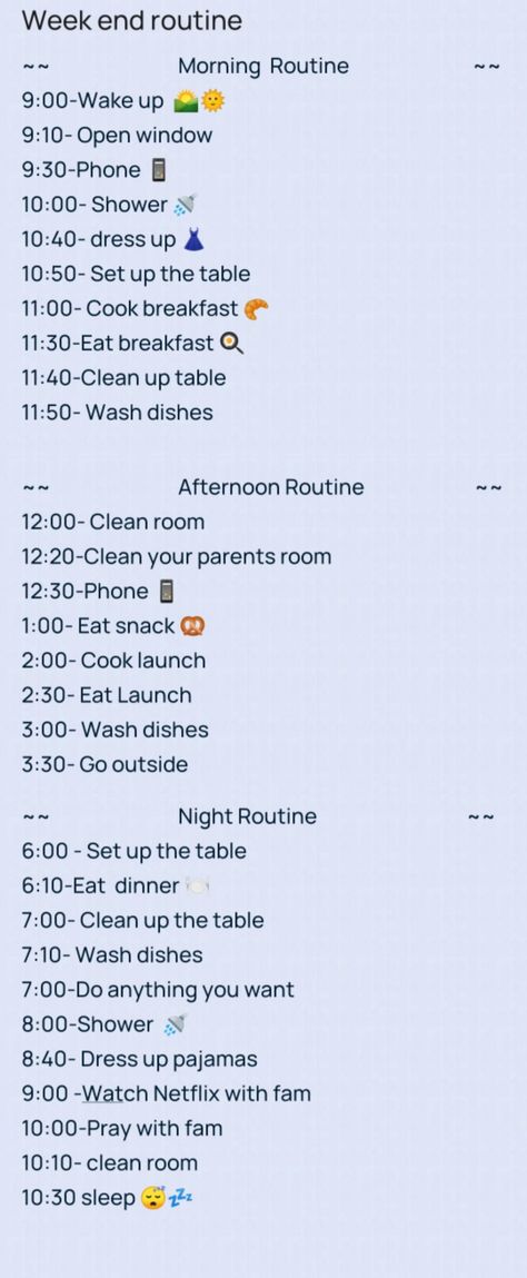 Week Routine Daily Schedules, Weekly Morning Routine, Weekend Daily Routine, Weekends Routine, Motivation To Clean Room, Weekend Night Routine, Friday Routine, Weekend Routines, Weekend Morning Routine