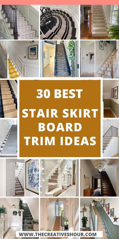 Enhance the beauty of your staircase with creative Stair Skirt Board Trim Ideas. Explore elegant designs and finishes to add a touch of sophistication to your home's architectural details. Stair Tread And Riser Ideas, Stained Stairs With White Trim, Stairwell Trim Ideas, Staircase Trim Ideas, Staircase Wall Trim Ideas, Stair Finishing Ideas, Staircase Moulding Ideas, Stair Moulding Ideas, Stairway Trim Ideas