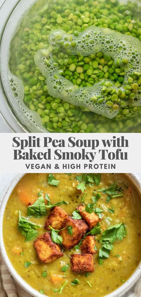 This hearty and healthy split pea soup is loaded with umami flavor and topped with smoky baked tofu. Vegan and can be made in the instant pot for easy meal prep. Split Pea Recipes Vegan, Vegan Split Pea Soup Instant Pot, Split Pea Soup Vegetarian, Best Split Pea Soup Recipe, Split Pea Recipe, Healthy Split Pea Soup, Split Pea Recipes, Vegan Pea Soup, Dorm Recipes