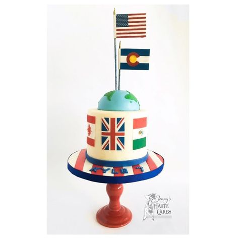 Flags of the World cake by Jenny Kennedy Jenny's Haute Cakes World Cake Ideas, Geography Cake, World Birthday Cake, Flags Cake, Travel Cakes, Globe Cake, Pirate Birthday Cake, World Cake