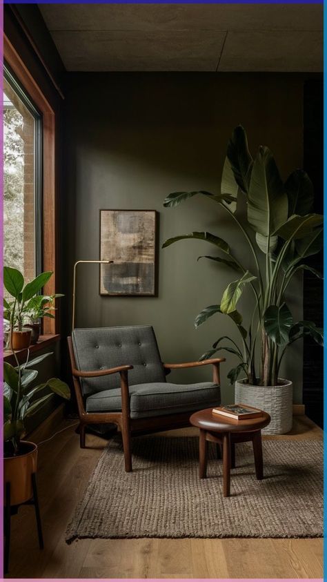 Green Walls With Brown Furniture, Brown Green Interior Design, Green Brown Apartment, Moody Nature Bedroom, Green Brown Interior Design, Earthy Colours Living Room, Dark Wood Apartment Decor, Earthy Lounge Room, Green Earthy Living Room