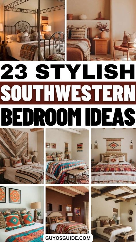 23 Stylish Southwestern Bedroom Ideas Western Simple Bedroom, Terra Cotta Bedroom Decor, Western Bedroom Theme, Western Bedroom Themes, Desert Theme Bedroom, Southwestern Bedroom Ideas, Brown Leather Bed, Desert Inspired Decor, Modern Southwest Decor