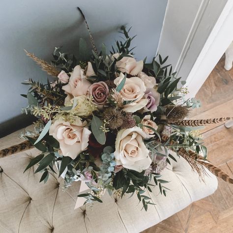 Pheasant Bouquets, Pheasant Wedding Bouquet, Fern Wedding Bouquet Fall, Bouquet With Pheasant Feathers, Pheasant Feather Wedding Bouquet, Bridal Bouquet Pheasant Feathers, Classic Wedding Flowers, Feather Bouquet, Blush Bridal Bouquet