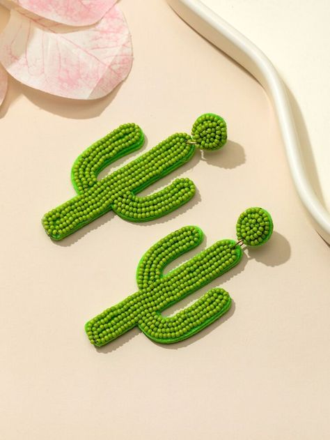 Beaded Cactus, Beaded Earrings Diy, Cactus Earrings, Bead Embroidery Jewelry, Embroidery Jewelry, Beaded Dangle Earrings, Green Bead, Diy Earrings, Unique Earrings