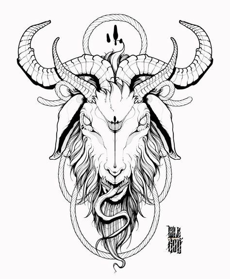 Goat Throat Tattoo, Satanism Tattoo Design, Goat Head Tattoo Satanic, Satanic Goat Skull Tattoo, Devil Goat Tattoo, Baphomet Tattoo Design, Ram Head Tattoo, Baphomet Drawing, Goat Tattoo Design