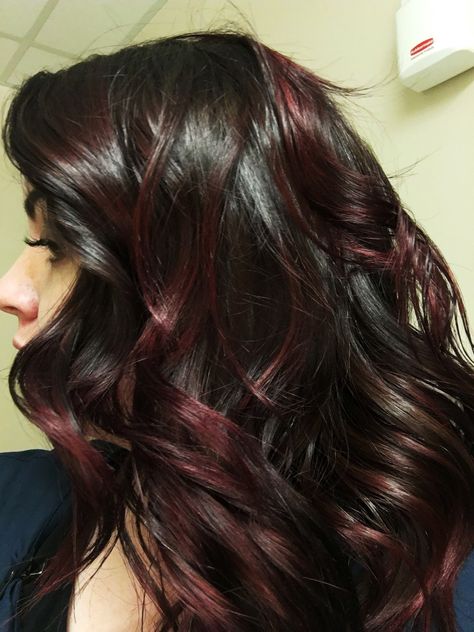 Dark Cherry-Chocolate Balayage Chocolate Hair Color Highlights, Dark Cherry Highlights, Cherry Chocolate Hair Color, Dark Cherry Coke Hair Color, Hair Color With Blonde Highlights, Red Hair On Brown Skin, Dark Cherry Hair Color, Chocolate Cherry Hair Color, Red Wedding Hair