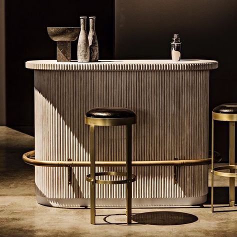 Noir Furniture on Instagram: "Our New Collin James Bar offers many possibilities for placement and creative use. Make it your own destination: Candy Bar, Nail Bar, Spa Bar, Juice Bar, Tequila tasting Bar, Reception Desk, stand up workstation by day.... Beautiful reeding wraps around the body and counter edge combined with our White Wash finish which offers a subtle reveal of the wood. Details include two under counter drawers, one adjustable shelf, and an antique brass finish foot rail. Availabl Stand Up Workstation, Counter Edges, Juice Bar Design, Kitchen Bar Counter, Kitchen Bar Design, Spa Bar, Marble Pedestal, Wood Details, Bar Shelf