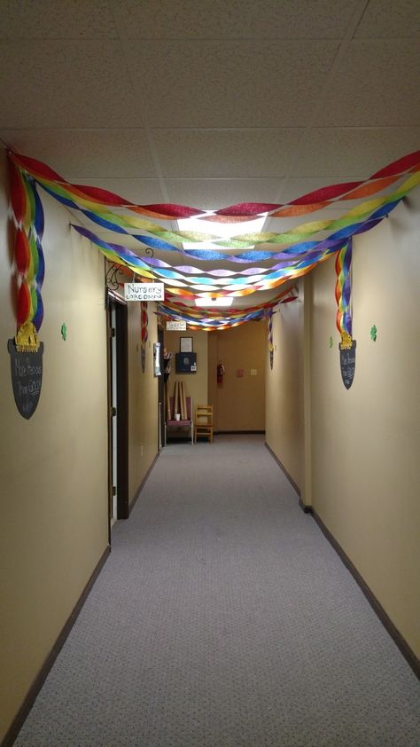 Hallway view! Rainbow, pot of gold church theme for March! Rainbow Hallway Decoration School, School Hallway Decorations, Crosses Crafts, Rainbow Pot Of Gold, Hallway Decorations, Corridor Decoration, Kids Church Decor, Activities Director, Classroom Decor Middle