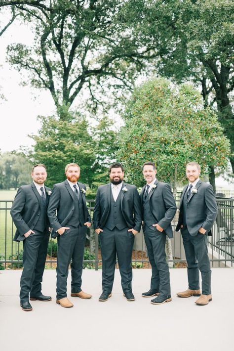 Classic Gray Suits with Cowboy Boots - Country Rustic Outdoor Wedding - Groom Look - Groomsmen Look - Traditional Wedding Suit Groomsmen Boots Suits, Wedding Suits With Boots, Groom Boots Wedding, Cowboy Boot Groomsmen, Groomsmen With Boots, Wedding Suit With Cowboy Boots, Cowboy Boot Wedding Groom, Cowboy Boots And Suits Men, Groom Attire Cowboy Boots