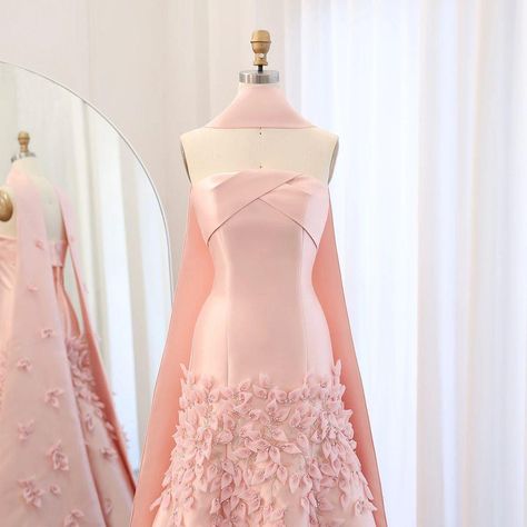 Unveil your dream dress. Visit www.larosabride.com #DreamDressUnveiled #EveningCharm #larosabride Pink Dress Gown, Blush Pink Gown, Evening Dress With Cape, 3d Leaves, Arabic Women, Gown With Cape, Yellow Evening Dresses, Pink Evening Gowns, Grey Evening Dresses