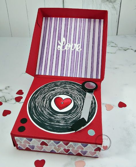 Stampingwithamore: Record Player Treat Box-Let's Make One! Record Player Valentine Card, Record Player Valentines Day Boxes, Vinyl Box Diy, Record Player Valentine Box Ideas, Valentine’s Day Box Ideas For School Taylor Swift, Diy Music Gifts For Boyfriend, Diy Record Player Gift, Paper Record Player Template, Paper Vinyl Record Diy