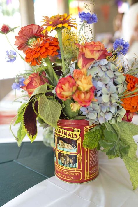 Circus / Carnival Birthday Party Ideas | Photo 6 of 49 Carnival Flower Arrangements, Circus Theme Flower Arrangements, Vintage Circus Centerpieces, Circus Centerpieces Ideas, Carnival Centerpiece Ideas, Classy Carnival, Carnival Centerpiece, Carnival Party Centerpieces, Carnival Flowers