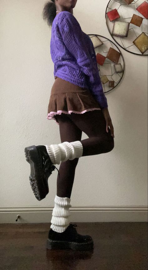 Purple cardigan and white cami with brown y2k pink lace trim skirt paired with tights and leg warmers with platform docs Purple Leg Warmers Outfit, Leg Warmers Aesthetic, Warmers Outfit, Platform Docs, Lace Trim Skirt, Leg Warmers Outfit, Fairy Grunge Aesthetic, Brown Y2k, Guts Tour