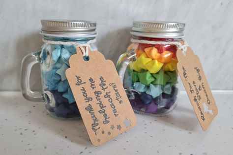 Jar Of Stars Origami, Origami Stars In A Jar, Jar Of Stars, Origami Lucky Stars, Star Jar, Teen Activities, Wish Jar, Double Birthday Parties, Toples Kaca