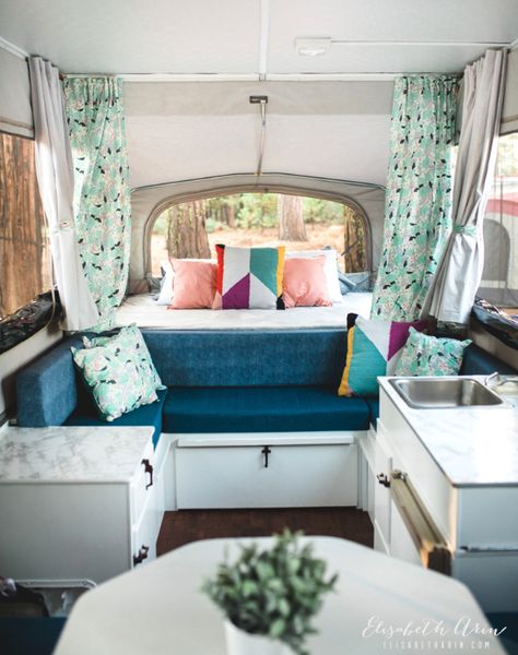 These 12 camper makeovers full of fun DIY ideas and inspirational decor will amaze you (and have you itching for a cross-country trip)!    #["Inspiration", "camper", "vintage", "camping", "before and after", "tiny-living", "Makeover"] Tent Trailer Remodel, Pop Up Campers, Popup Camper Remodel, Kitchen Pop, Trailer Renovation, Camper Diy, Pop Up Trailer, Camper Kitchen, Vintage Camper Remodel