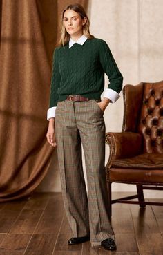 House Of Bruar Women, British Casual Style Women, House Of Bruar, Tartan Trousers Outfit, British Style Outfits, British Style Women Outfits, 10 Winter Outfits, Wide Leg Trousers Outfit, Winter Workwear