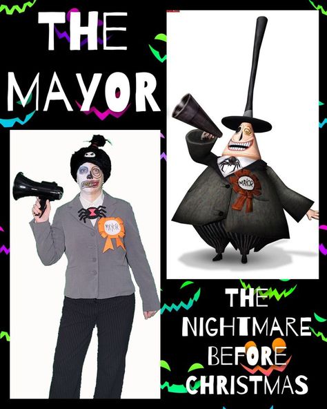 A side-by-side comparison of a person dressed as The Mayor from The Nightmare Before Christmas with a split face makeup design. They are wearing black pinstriped pants, a gray suit coat, a white button-up shirt, a spider bowtie, an orange mayor ribbon, and a funky hat. They are holding a black megaphone. Next to them is an image of The Mayor from the movie. Words say The Nightmare Before Christmas and The Mayor. Nightmare Before Christmas Mayor Costume, Mayor Costume, Mayor Nightmare Before Christmas, Nightmare Before Christmas Mayor, A Halloween Costume, The Nightmare Before Christmas, The Nightmare, Nightmare Before, Holidays Halloween