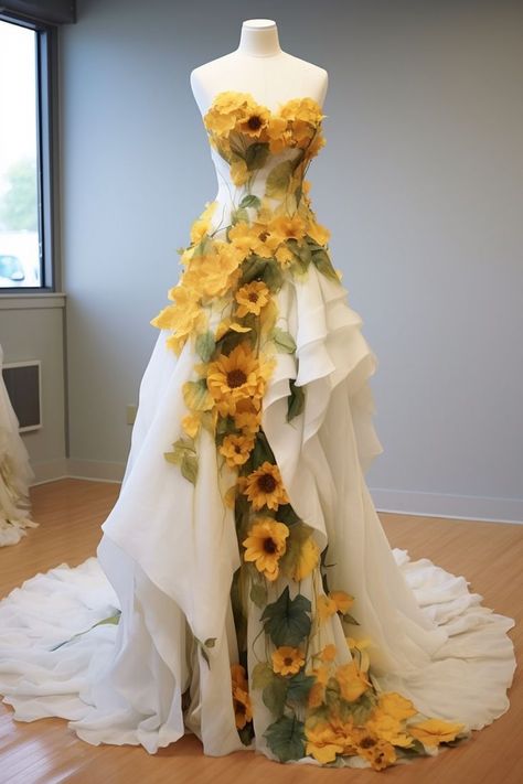 Sunflower Princess Dress, Sunflower Fashion Design, Sun Flower Wedding Dress, Sunflower Aesthetic Clothes, Garden Themed Dress, Weird Dresses Unique, Wedding Dress With Sunflowers, Dresses That Look Like Flowers, Sunflower Prom Dress