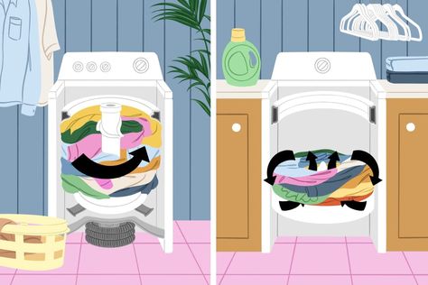 cross section illustration of two types of top loading washing machines Medication Organization Storage, How To Clean A Front Loading Washer, Cleaning Top Loading Washing Machine, Cleaning Top Loading Washing Machine Without Agitator, Clean Front Loading Washing Machine, Medication Organization, Top Load Washing Machine, Clothes Washing Machine, Laundry Memes Humor