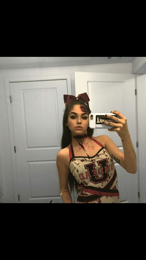 Halloween Cheerleader Makeup, Dead Cheerleader Makeup, Dead Cheerleader Costume, Zombie Football Player Costume, Zombie Cheerleader Makeup, Cheerleader And Football Player, Zombie Cheerleader Halloween Costume, Zombie Cheerleader Halloween, Army Girl Costumes