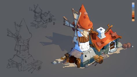 ArtStation - isometric windmill concept, Marina Goryacheva Windmill Concept Art, Farm Concept Art, Stylized Concept Art, Pirate Illustration, Windmill House, Windmill Art, Old Windmills, Concept Art World, Isometric Art