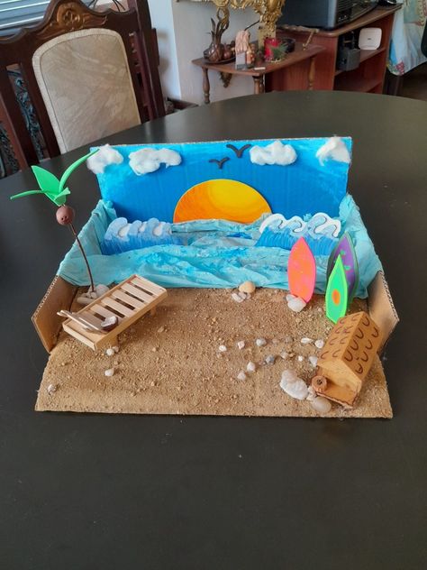 Beach Diarama Ideas Kids, Diarama Ideas Kids, Beach Diorama, Shoebox Project, Ocean Diorama, Diorama Kids, Shoe Box Crafts, Diy Science Experiments, Holiday Program