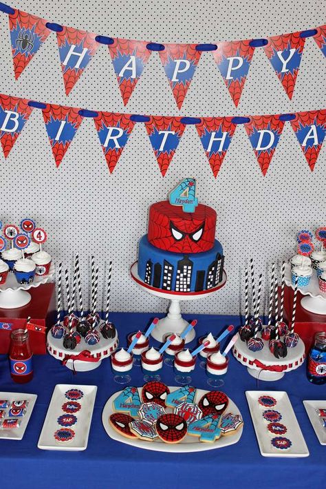 Awesome dessert table at a Spiderman birthday party! See more party planning ideas at CatchMyParty.com! Spiderman Birthday Party Decorations, Spiderman Decorations, 4de Verjaardag, Spiderman Birthday Cake, Spiderman Theme, Spiderman Birthday Party, Mens Birthday Party, Spiderman Party, Spiderman Cake