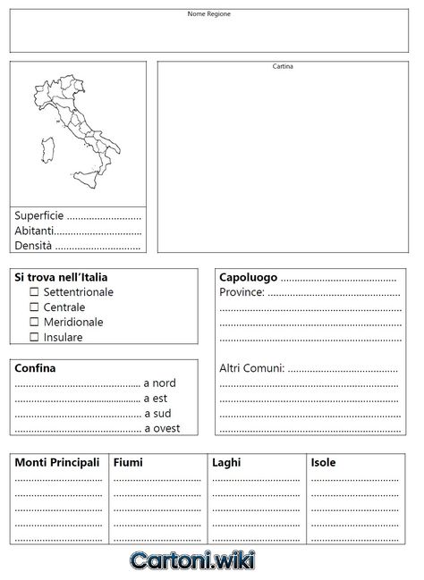 Scheda da compilare per tutte le regioni d'Italia da stampare gratis online e ideale per la scuola primaria. Kids Homework, Activities For Kids