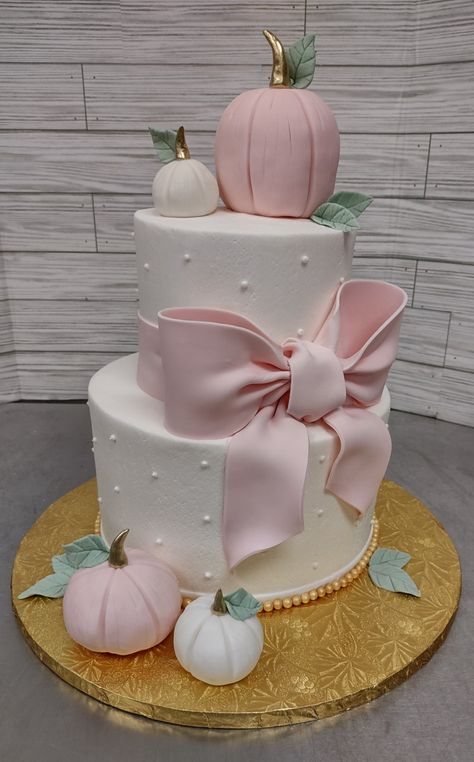 Pink Pumpkins Baby Shower Ideas, Pink Little Pumpkin Baby Shower Ideas, Pumpkin Baby Shower Cake Girl, Pink Pumpkin Baby Shower Cake, Fall Baby Shower Cakes Girl, A Little Pumpkin Is On The Way Cake, Pumpkin Gender Reveal Cake, Fall Baby Shower Cake Ideas, Lil Pumpkin Baby Shower Cake