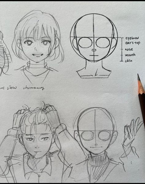 Art Reference Face Anime, Face Structure Reference Drawing, Head Drawing 3/4, Anime Face Practice, Head Shapes Drawing Reference, Chommang Anatomy, Practice Face Drawing, Anime Face Structure, Head Practice Drawing