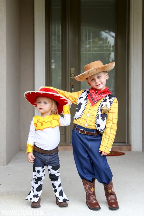 He just had to have this Woody costume from @JCPenney. They even had all the accessories to match! It was #SoWorthIt! See how to make this Jessie from Toy Story costume. #ad Brother Sister Halloween Costumes, Jessie Halloween Costume, Jessie Halloween, Jessie Toy Story Costume, Disfraz Toy Story, Sister Halloween Costumes, Sparkle Romper, Woody Costume, Animals Tattoos