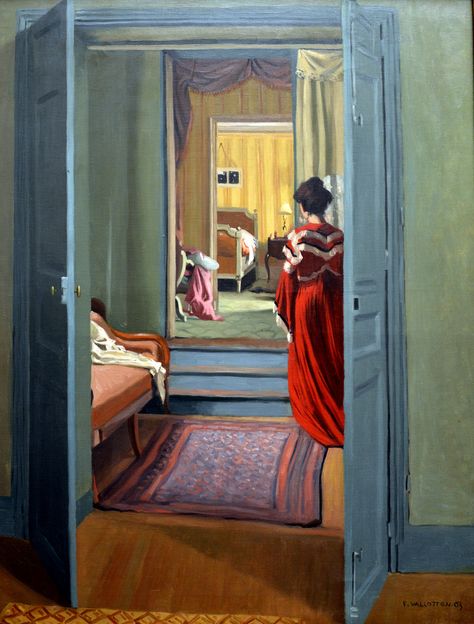 Felix Vallotton - Interieur avec femme en rouge de dos, 1903 at Kunsthaus Zürich - Zurich Switzerland Joseph Ducreux, Woodcut Printing, Felix Vallotton, Thomas Gainsborough, Jean Arp, Aubrey Beardsley, Woman In Red, Pierre Bonnard, Francisco Goya