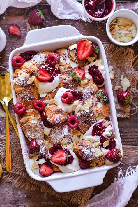 Almond Croissant French Toast Bake Recipe | The Beet French Toast Cake, Croissant Bake, Vegan Mug Cake, Pancakes Vegan, French Toast Batter, Croissant French Toast, Tarte Vegan, Rustic Food Photography, French Toast Bake Recipe