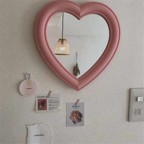 Desk Mirrors, Korean Living Room, Unique Dresser, Stylish Mirror, Aesthetic Bedroom Decor, Dopamine Decor, Heart Mirror, Crystal Aesthetic, Aesthetic Space