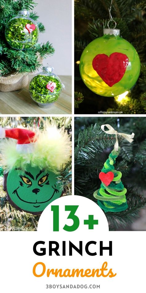 Ornaments Diy Kids, Grinch Crafts, Glitter Ornaments Diy, Easy Ornaments, Grinch Christmas Tree, Heart Christmas Ornaments, Grinch Ornaments, Kids Christmas Ornaments, Fun Ornaments