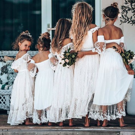 boho flower girl dresses with patterned lace Dressed In White, Boho Flower Girl, Bridesmaid Dresses Boho, Wedding Dress Guide, Wedding Flower Girl Dresses, Boho Bridesmaid, Dresses Boho, Dress Guide, Flower Girl Dress Lace