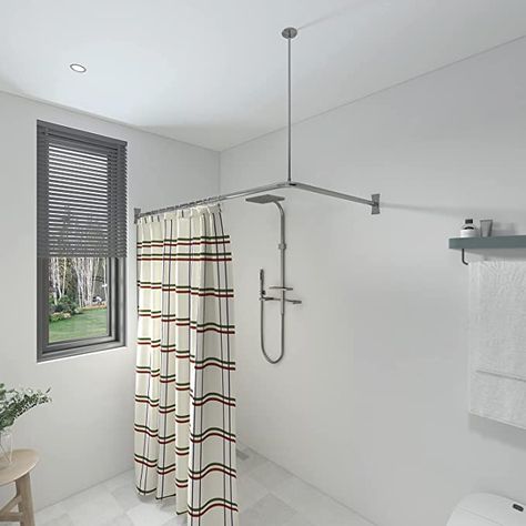 Amazon.com: Naiture Stainless Steel 36'' x 36'' Corner Shower Curtain Rod with Ceiling Support, Black Finish : Home & Kitchen Shower Curtain Rod From Ceiling, Corner Shower With Curtain, Corner Curtain Rod Ideas, Ceiling Shower Curtain Rod, Bath Curtain Ideas, L Shaped Shower Curtain Rod, Round Shower Curtain Rod, Corner Shower Curtain, Double Shower Curtain Rod