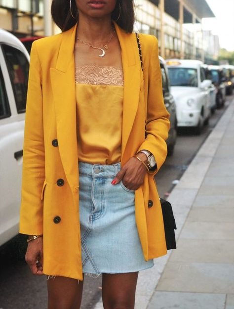 END OF SUMMER LOOK Yellow Lace Top, Mustard Blazer, Comfortable Summer Outfits, Rolled Up Jeans, Orange Blazer, Basic White Tee, White Midi Skirt, Blue Ripped Jeans, Chic Fall Outfits