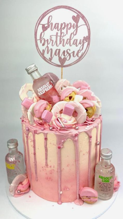 Pink Alcohol Cake, 18th Birthday Cake With Alcohol Bottles, 18th Birthday Cake Alcohol, 21st Birthday Cakes For Girls Turning 21, Alcohol Cake Design, Pink 18th Birthday Cake, 18birthday Cake, 21st Birthday Cake Alcohol, 18th Birthday Cakes