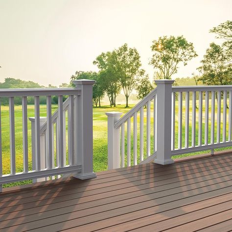 Square Balusters, Driveway Lights, Deck Railing Kits, Stair Railing Makeover, Porch Railing Designs, Deck Stair Railing, Deck Railing Systems, Railing Designs, Vinyl Stairs