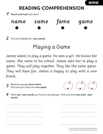 Word Family Reading Comprehension, Family Reading Comprehension, Story For Kindergarten, Word Family Reading, First Grade Reading Comprehension, Ing Words, Word Family Worksheets, Family Worksheet, Word Family