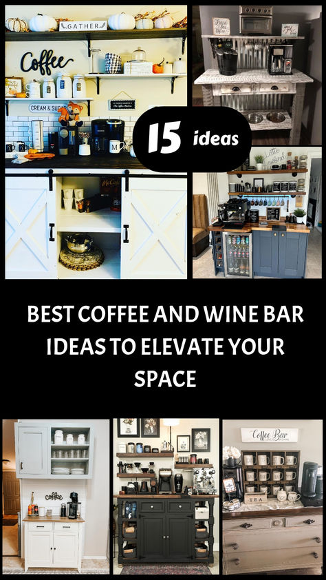 Transform your kitchen or living area with these 15 creative coffee and wine bar ideas. Whether you love a minimalist look or vintage vibe, find designs to inspire your own cozy corner, complete with bar carts, shelving, and decor tips. Cocktail And Coffee Bar Designs Idea, Coffee And Liquor Bar Ideas Small Spaces, Wine Coffee Bar Ideas, Wine Area In Kitchen, Coffee Wine Station, Coffee And Cocktail Bar Ideas, Coffee Wine Bar, Drink Station Ideas Kitchens, Coffee And Wine Station