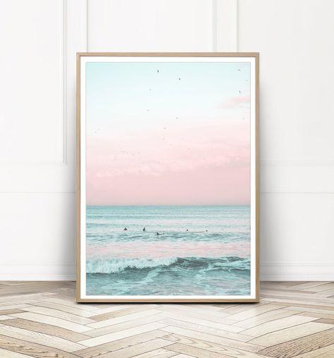 Girls Beach Theme Bedroom, Japanese Inspired Painting, Boho Beach Bedroom, Pastel Ocean, Ocean Themed Bedroom, Coastal Nursery, Japanese Ink Painting, Beach Nursery, Beach Themed Bedroom