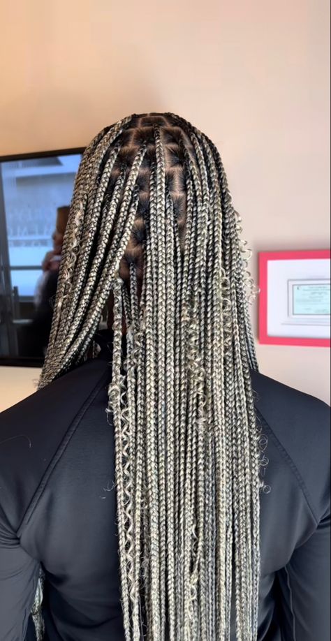 Grey Goddess Braids, Ash Blonde Knotless Braids Black Women, Grey Knotless Box Braids, Silver Knotless Braids, Black And Grey Braids, Grey Knotless Braids, Ash Blonde Braids, Grey Braids, Grey Hair Braids