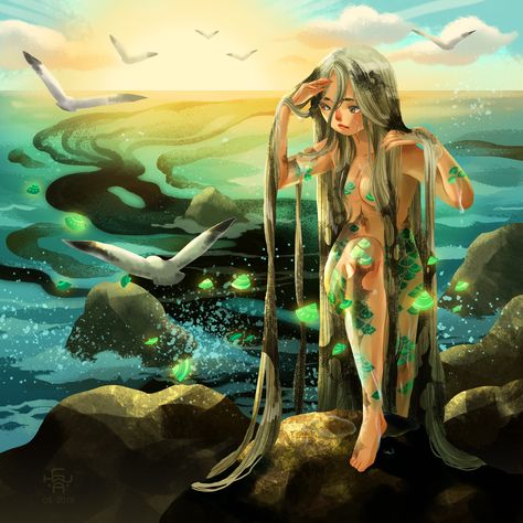 #mermay #mermaid #sea #ocean #illustration #digitalillustration #seagull #environment #fantasy #fantasyart #fantasydrawing #beach #seashore #daybreak #girl #women #femaleillustration #chaupham #chauphammoc #art #artist #inspiration #artinspiration Mermaid Transformation Art, Surreal Mermaid Art, Captured Mermaid Art, Mermaid Captured Art, Ocean Illustration, Becoming Human, Mermaid In Aquarium Art, Fantasy Drawings, Sea Ocean