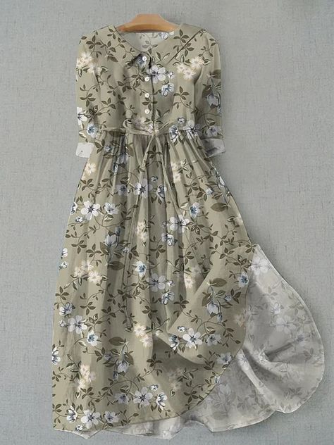 2024 New Cotton & Linen-2 Elegant Linen Dress With Floral Print, Elegant Floral Linen Dress, Floral Linen Dress, Luxury Linen Floral Print Dress, Floral Print Linen A-line Dress, Loose Long Sleeve Dress, V-neck Linen Dress With Floral Embroidery, Tie Up Dress, Printed Casual Dresses