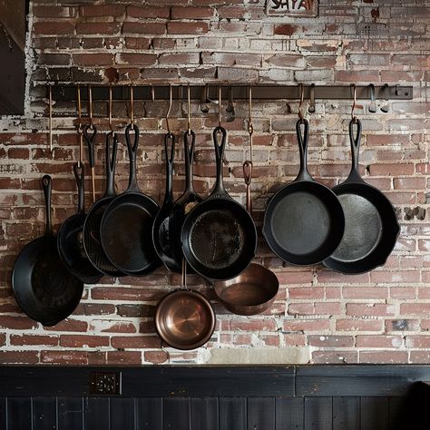 Hanging Pots Display: A variety of cast iron skillets and copper pots neatly displayed on a rustic brick wall. #kitchen #rustic #pots #pans #hanging #aiart #aiphoto #stockcake ⬇️ Download and 📝 Prompt 👉 https://ayr.app/l/226J Cast Iron Skillet Kitchen Display, Pots Hanging On Wall, Pot And Pan Display Ideas, Hanging Kitchen Pots, Display Cast Iron Skillets, Cast Iron Skillet Hanging Ideas, Cast Iron Pan Wall Display, Pot Hanging Ideas Kitchen, Hanging Cast Iron Pans The Wall