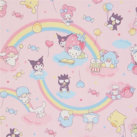 pink Sanrio glitter rainbow oxford fabric with Hello Kitty and My Melody - Kawaii Fabric Shop Kiki Lala, Cute Drawlings, Sanrio Wallpaper, Japanese Characters, Hello Kitty My Melody, Cat Character, Kitty Wallpaper, Cloth Fabric, Little Twin Stars